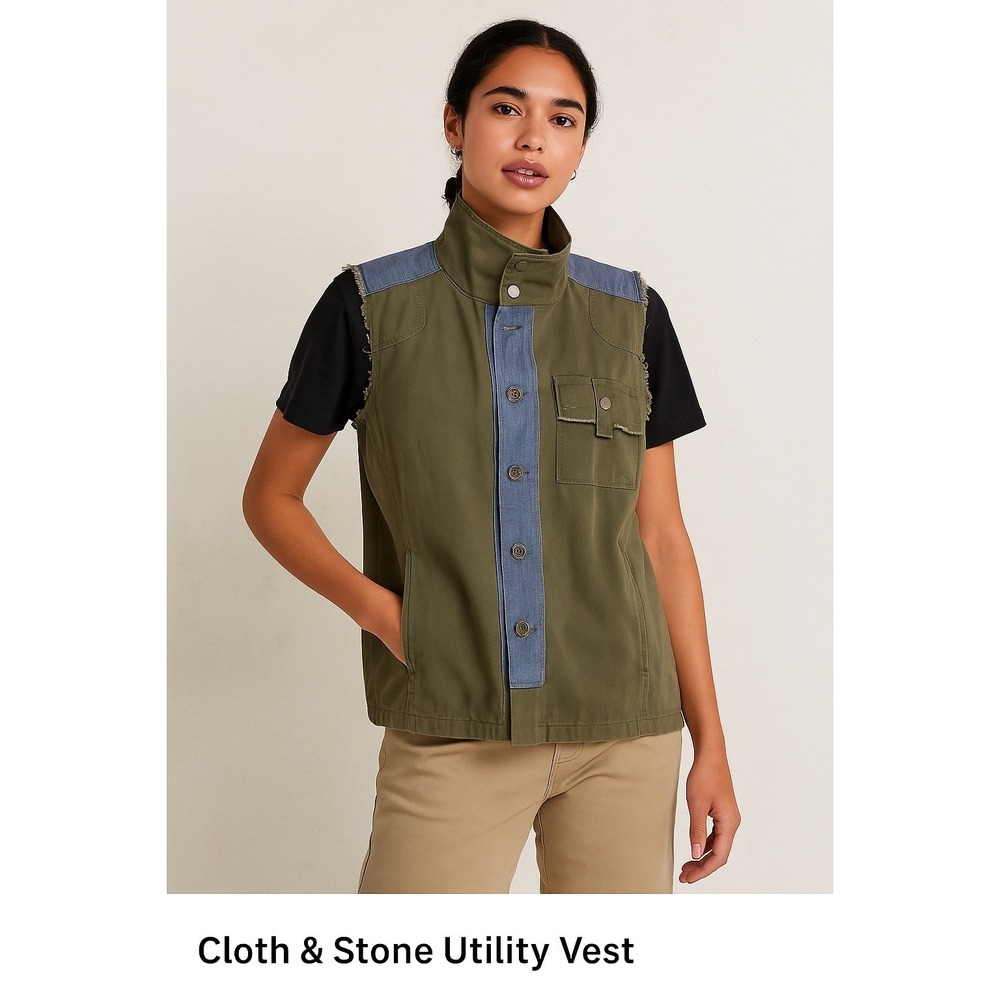 Gildedβ Intent Womens Olive Green Utility Vest Distressed Denim Trim Size Small